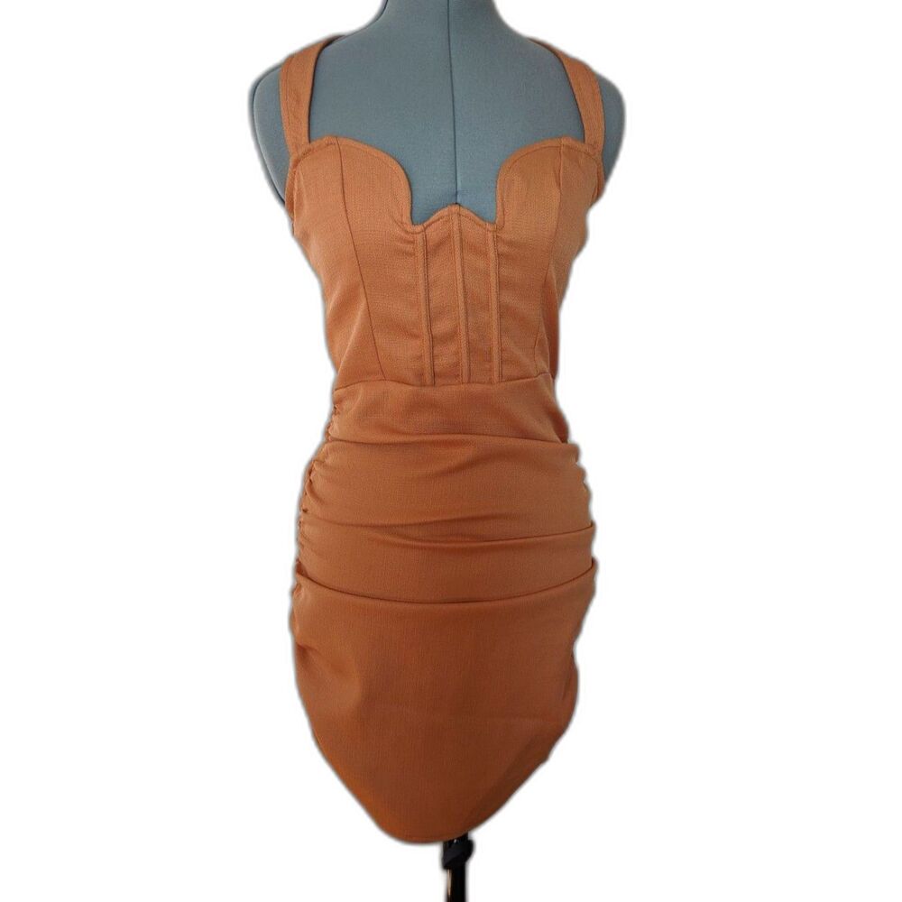 NWT PrettyLittleThing Orange Textured Woven Extreme V Bar Halter Bodycon Dress/6 - Picture 2 of 7